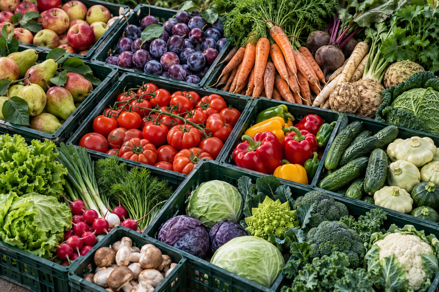 Assorted fresh Polish fruit and vegetables in wholesale crates